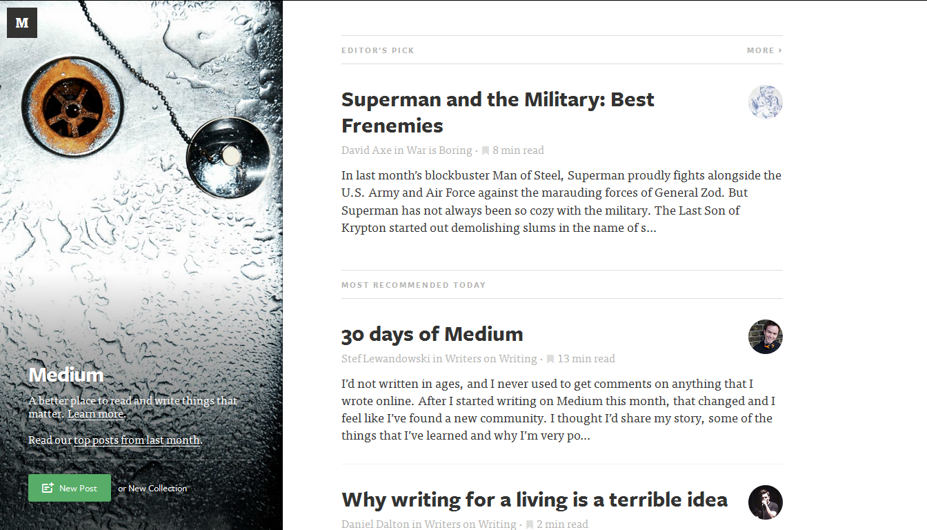 Screenshot of Medium's recommended articles for July 5, 2013.